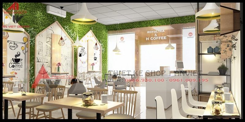 Thiết kế thi công hoàn thiện nội thất Quán Cafe Trà Sữa 60m