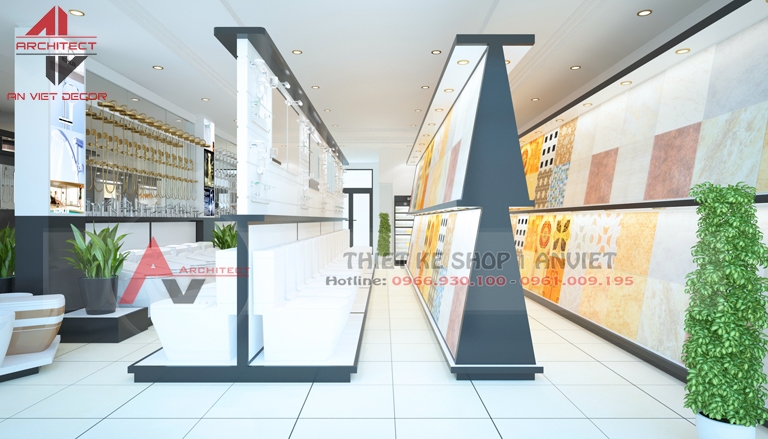 thiết kế showroom thiết bị vệ sinh tbvs, mẫu showroom vật liệu xây dựng vlxd, showroom gạch