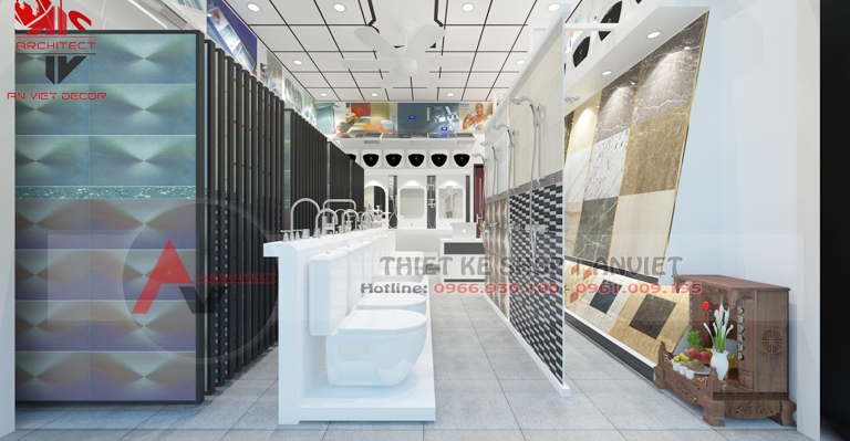 thiết kế showroom thiết bị vệ sinh tbvs, mẫu showroom vật liệu xây dựng vlxd, showroom gạch