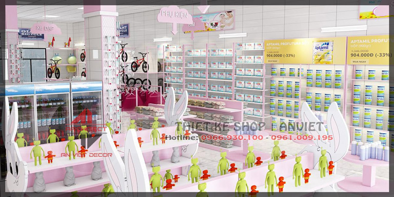 Thiết kế thi công nội thất shop bỉm sữa đồ chơi trẻ em 180m